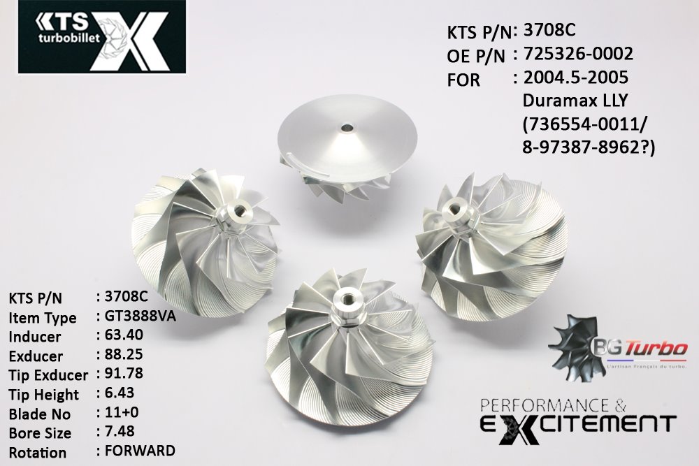 Turbo ROUE FORGÉE MFS PERFORMANCE - 11+0 PALES - INDUCER : 63,4 - EXDUCER : 88,25 - TYPE : GT3788VAANGLE : 55° - ROTATION : Forward - SUPER BACK : 5,3 - BORE SIZE : 7,48
